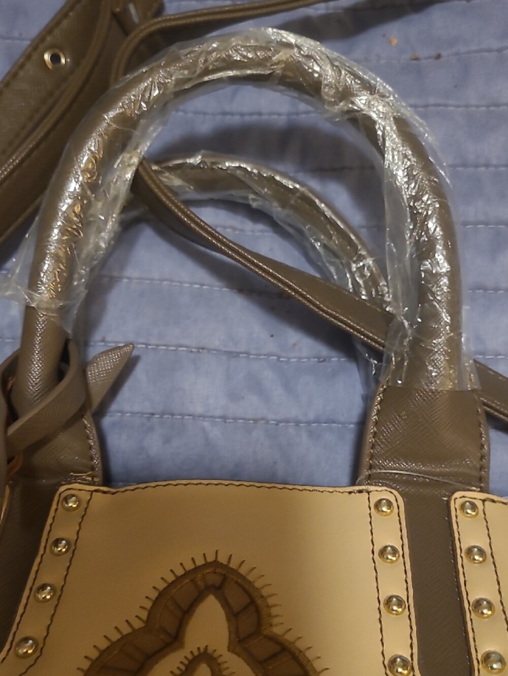 Sharif Taupe and Cream Embroidered Satchel with Gold Accents Callout In Photos - Picture 7 of 15